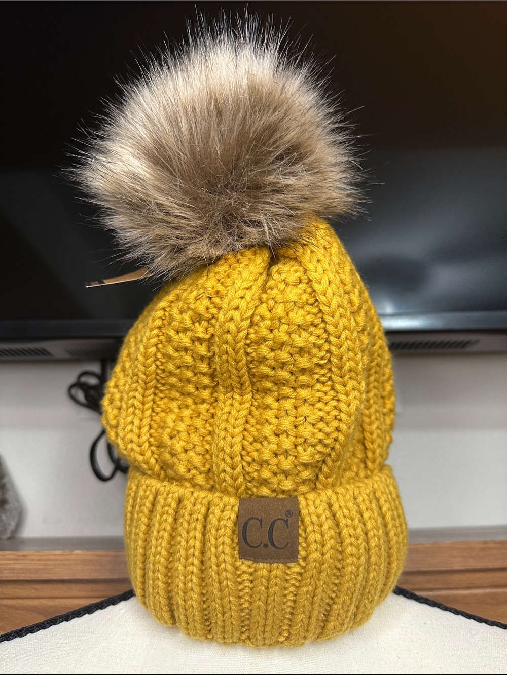 C.C Exclusives Mustard Yellow Knit Faux Fur Pom Pom Beanie NWT